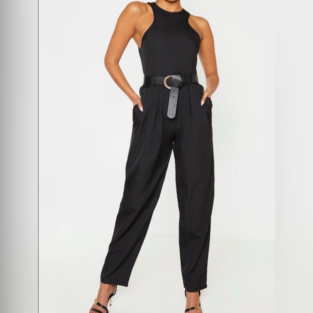 PrettyLittleThing Black Halter Jumpsuit with Belt